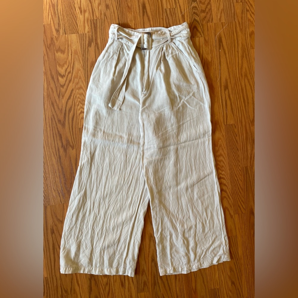 YFB Linen Wide Leg Pants Beige Tan Belted Chic Women's Med Young Fabulous Broke